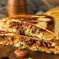 Quesadillas · Flour tortillas stuffed with melted cheese, peppers & onions, served with guacamole, Salsa &...
