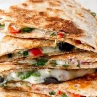 Greek Chicken Quesadilla · Grilled Chicken, Spinach, Feta, cheddar & Mozzarella cheese, black olives, green peppers, to...