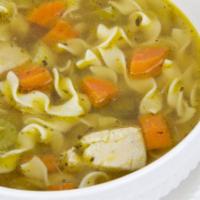 Homestyle Chicken Noodle Soup · Tender pieces of white meat chicken simmered in rich perfectly seasoned homestyle chicken bo...