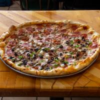 New York Style Supreme Pizza · Mozzarella with pepperoni, sausage, hamburger, Canadian bacon, green peppers, onions, black ...