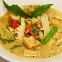 Green Curry · Green curry simmered with your choice of meat, Thai coconut milk, bamboo shoots, long beans,...