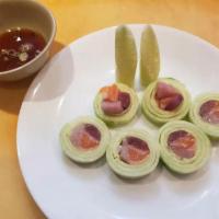 45. Naruto Roll · Choice of kani, snow crab, spicy tuna, eel or fresh fish with thin-sliced cucumber.