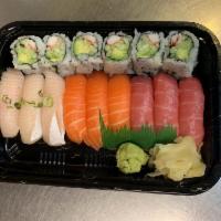 109. Triple Sushi · 3 pieces each of tuna, salmon, yellowtail and a California roll.