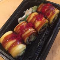 119. Golden Dragon Roll · Eel, avocado, mango and tobiko with special sauce.