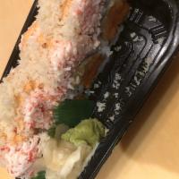 140d. Crazy Banana Roll · Spicy tuna, banana inside with spicy crunchy snow crab on top.