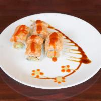140f. Spicy Yaki Salmon Roll · Spicy salmon, avocado inside with lightly seared spicy salmon belly on top, served with chef...