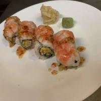 140i. Sakura Roll · Mango, kani, avocado inside, with shrimp on top and chef's special sauce.
