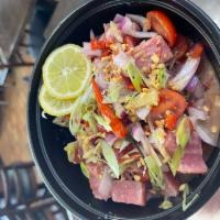 Tuna Kinilaw · raw tuna with tomatoes, ginger, kalamansi and cucucmbers