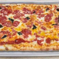 Grandma Pizza · Thin sicilian, mozzarella, plum tomatoes, garlic, fresh basil and grated Romano.
