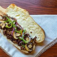 Philly Cheese Steak Sub Roll · Thinly sliced steak, onions, green peppers and mushrooms. Baked with mozzarella cheese.
