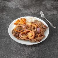 Steak with Onions (Bistec Encebollado) · Fresh steak cooked well done. With a choice of onions or no onions.