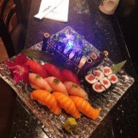 Tri Color Sushi · 3 pieces tuna, 3 pieces salmon, 3 pieces  yellowtail sushi, and 1 California roll. Raw item.