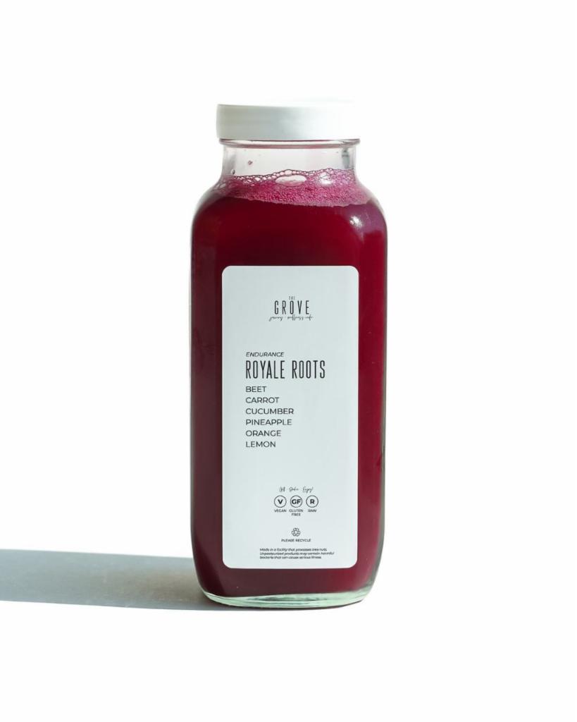 Royale Roots (16oz) · Endurance & Antioxidant Blast
Beet, Carrot, Orange, Cucumber, Pineapple, Lemon 

Life Ain’t a Track Meet, It's a Marathon.  Get your blood pumpin’ with the Nitrates in raw beet juice which have been found to boost exercise endurance by improving oxygen uptake.   Pineapple is an inflammation-fighting machine, pineapple contains high concentration of manganese, vitamin C, and its combination of enzymes and fiber help maintain a healthy belly.  Celery contains the compound, called luteolin, is a potent antioxidant known for its anti-inflammatory properties in the brain!