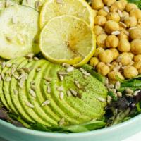 Power Lunch Greens · Seasonal Greens, Purple Cabbage, Avocado, Chickpea, cucumber, Tamato Lemon-Tahini Drizzle, S...