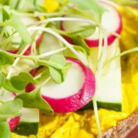 Garden Hummus · Superfood-Hummus, Cucumber, Radish, Microgreens, Olive Oil