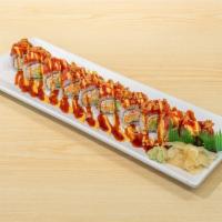 Volcano Roll · Crab Meat  , Avocado, Cucumber,  Spicy Mayo, Eel  suace and spicy tuna on top