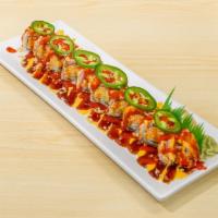 Ultimate Chilli Roll · Spicy Crab, Avocado ,Cucumber, spicy mayo, Eel Sauce, Sriracha and crab stick & Jalepenos on...