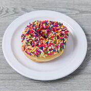 Rainbow Donut · Vanilla icing and rainbow sprinkles.