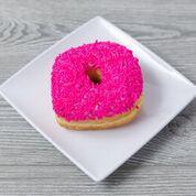 Hot Pink Donut · Vanilla icing and hot pink sprinkles.