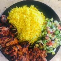 Grilled Chicken Plate ·   2 grilled chicken thighs served with rice, and  salad. 
