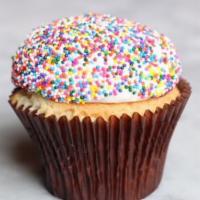 Birthday Cake Cupcake · Vanilla cupcake topped with vanilla buttercream covered in sprinkles.
