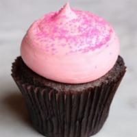 Pink Chocolate Cupcake · Chocolate cupcake topped with pink vanilla buttercream.