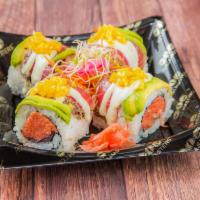 Big Tuna Kahuna Roll · Spicy tuna, onion tempura, ginger shallot relish topped with pepper-crusted tuna, avocado, a...