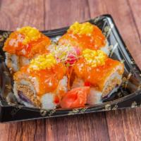Flaming Shnitzel Roll · Tuna tempura, onion tempura, ginger brine carrots topped with salmon schnitzel, and diced to...