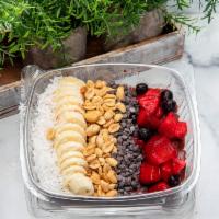 Peanut Coco Moco Acai Bowl · Organic Sambazon Acai, Almond milk, Banana, Strawberries/Blueberries, Raw Peanuts, Coconut, ...