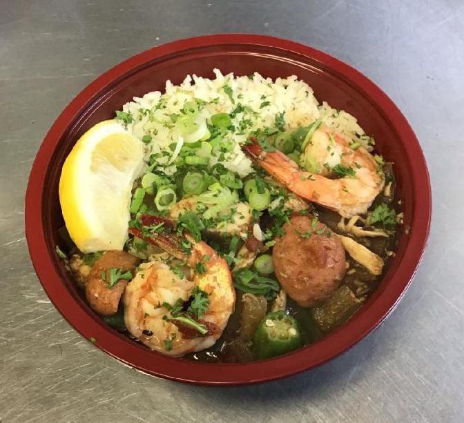 The Trinity · Our signature Gumbo sauce loaded with Shrimp, Andouille, Chicken, and Okra. My personal favorite combination. Served over rice.