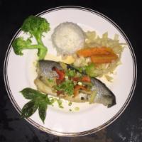 30.Steamed Rainbow Trout · Whole fish with garlic, ginger, Thai soy bean sauce.
