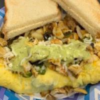 spicy guacamole Chicken Omelette  · Grilled Chicken, Green peppers, onions, Cheese. Served with home. Fries and Bread.