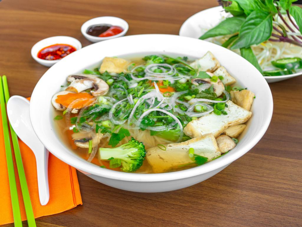 2. Chay - Veggie Pho · Vegetarian Pho noodle soup with tofu, mushroom, broccoli, carrot and vegetarian broth.