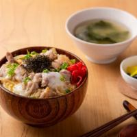 Oyako Don · Simmered chicken & egg on top of rice served with miso soup & green salad.