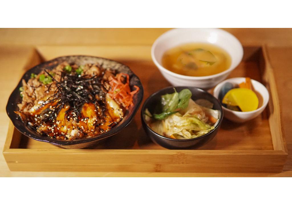 Unagi & Gyu Don · Thinly sliced beef & grilled eel combo over rice, served with miso soup & green salad.
