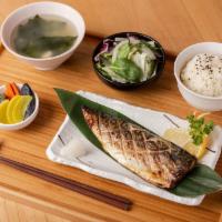 Saba Shioyaki · Grilled Mackerel Served W. Rice, Green salad and Miso soup.