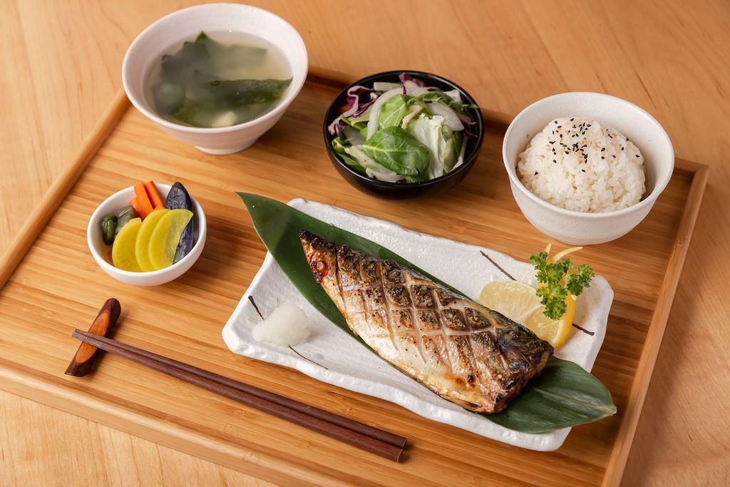 Saba Shioyaki · Grilled Mackerel Served W. Rice, Green salad and Miso soup.