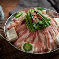 Kurobuta Pork Belly Nabe(For 2) · Pork belly, cabbage, soy sprouts, sesame, chili, chive, tofu, gobo