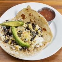 Black Beans, Egg and Avocado Taco · Black bean, egg and avocado on corn tortilla.