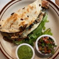 Chicken Mushroom Quesadilla Tapas Lunch · Served in flour tortilla with shallots, Monterrey cheese and pico de gallo.