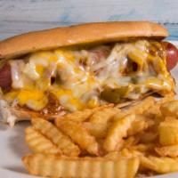 Ranchero Hot Dog · Large hot dog wrapped with bacon, grilled pico, and mozzarella cheese.