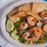 Shrimp Salad · 6 shrimp on garden salad (lettuce, tomatoes, red onions, shredded carrots, and cucumber slic...