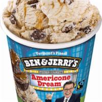 Ben & Jerry's Americone Dream Pint 473 ml. container. · Vanilla Ice Cream with Fudge-Covered Waffle Cone Pieces & a Caramel Swirl