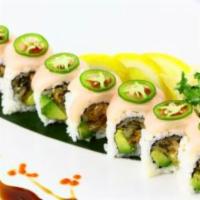 Yellowtail Special Roll · Tempura eel and avocado with yellowtail and jalapeno on top. 