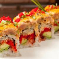 Cilantro Yellowtail Roll · Avocado, cucumber, cilantro and tobiko with baked spicy yellowtail  on top