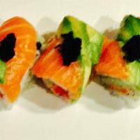 Ocean King Roll · Spicy crunch scallop and cucumber wrapped with salmon, avocado and black caviar on top.