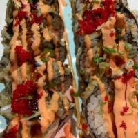 Snow roll · Deep fried roll with eel, shrimp, avocado,cream cheese,Kani,tamago inside
