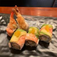 Shrimp lover roll · Shrimp tempura and cucumber inside. Shrimp and avocado on top