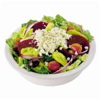 Greek Salad · Romaine lettuce, red onions, pepperoncini peppers, feta cheese, beets, Kalamata olives, toma...