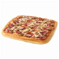 The Favorite Pizza · Pepperoni, Italian sausage, mushrooms and our fresh gourmet cheese blend topped with Parmesa...